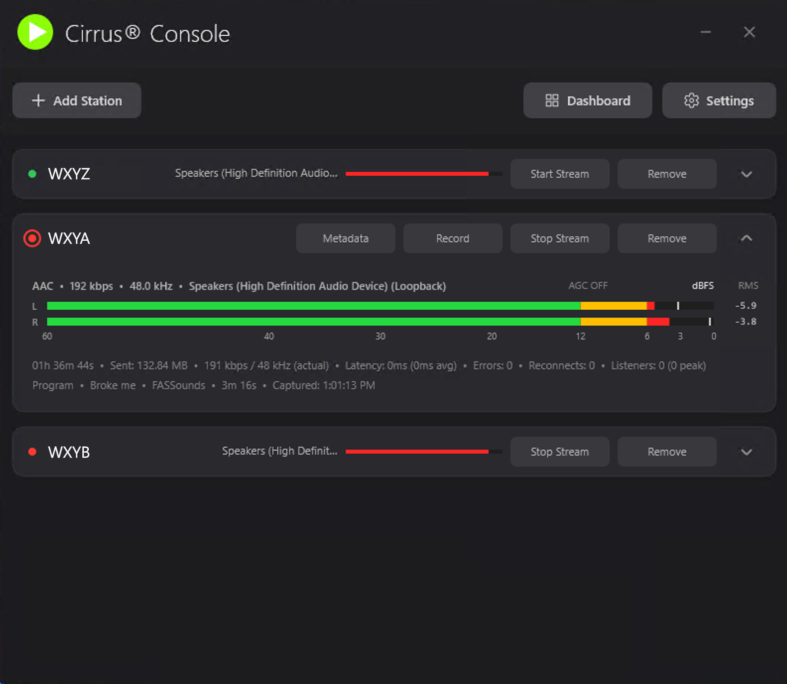 Cirrus Console status panel with connection information and stream health indicators